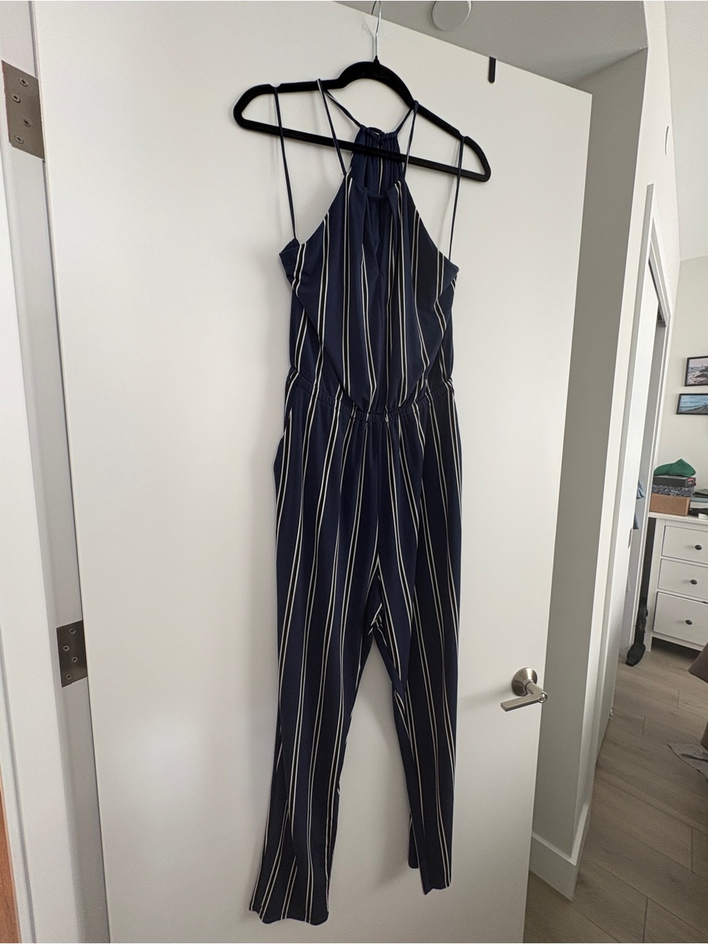 Express Striped Navy Halter Jumpsuit